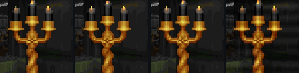 The same DOOM frame with the sharp, xbr, fsr and crt filters